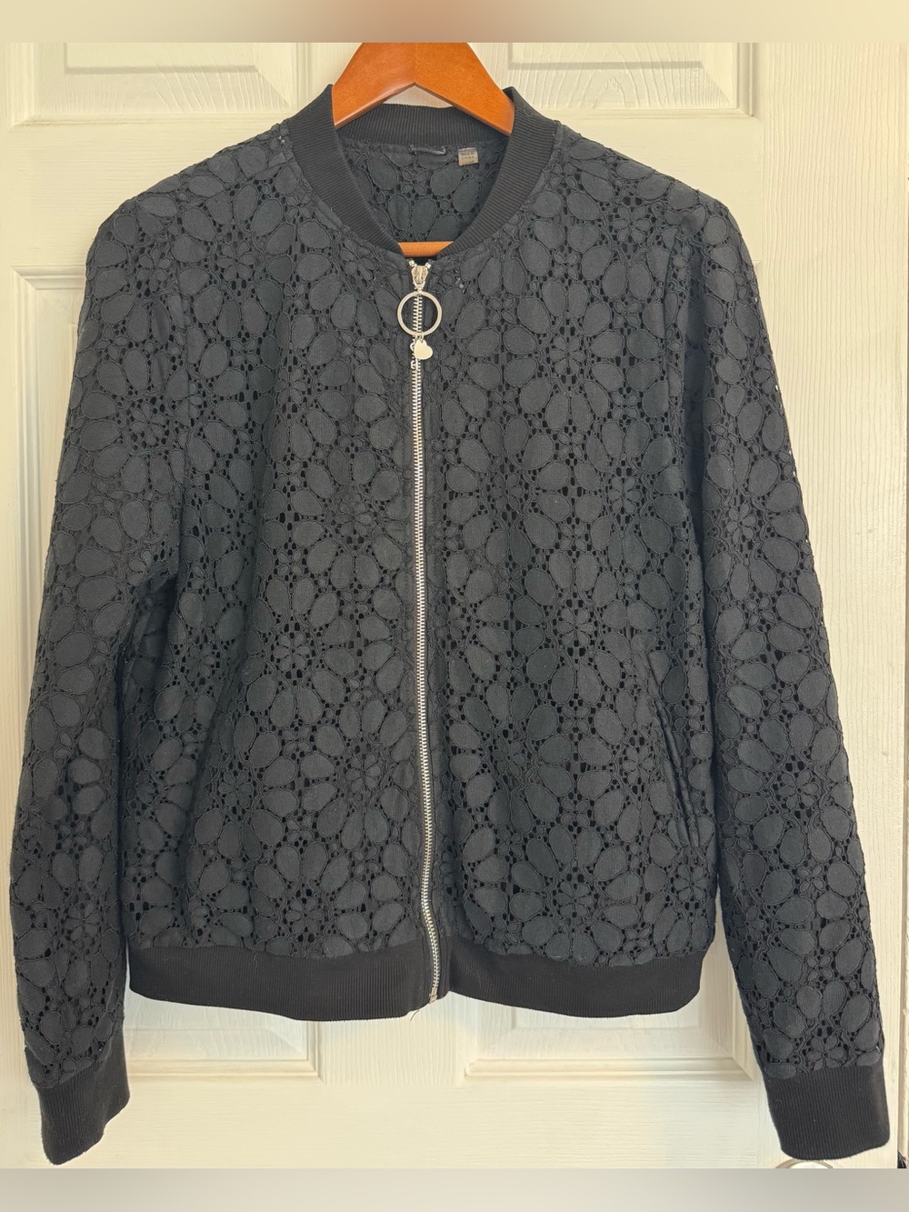 Point Zero Black Floral Lace Bomber Jacket with Ring Zip
